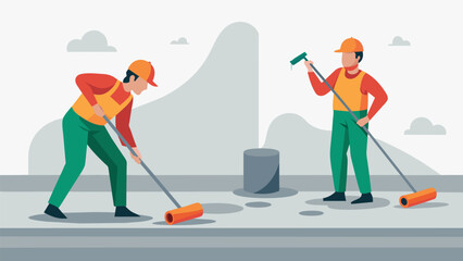 Fototapeta premium Workers using hand rollers to smooth out any air bubbles or imperfections on the surface of the concrete leaving behind a flawless finish.. Vector illustration