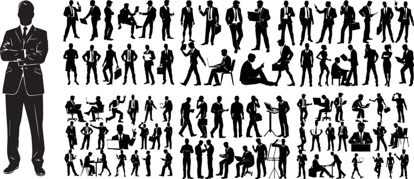 Editable vector silhouettes of people, Vector silhouettes of men, a group of standing and walking business people, black color isolated on white background
