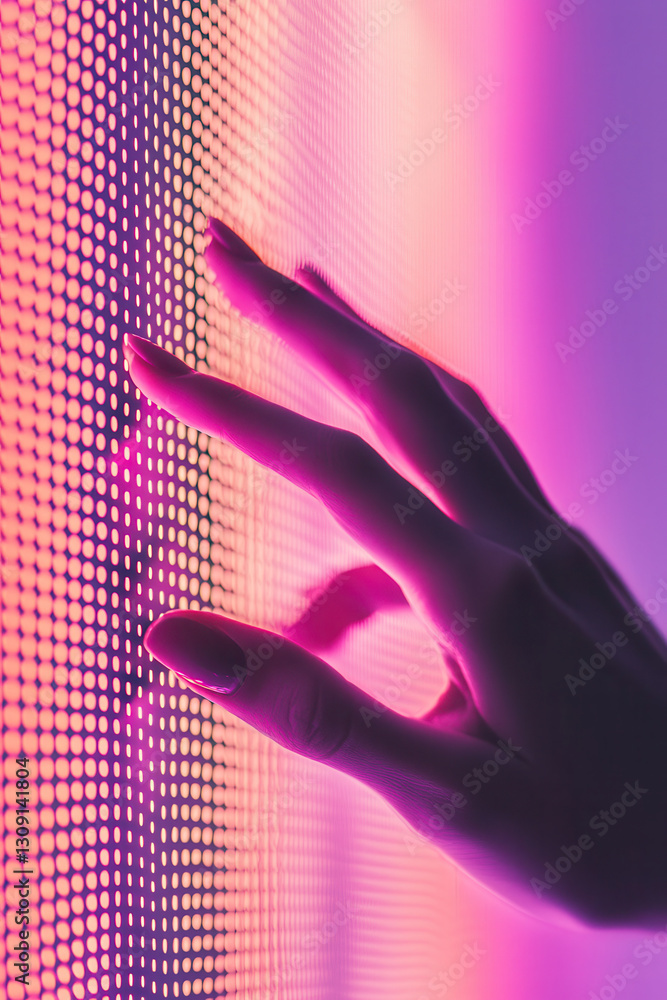 Poster exploring the future: a hand interacting with vibrant digital displays in a futuristic environment