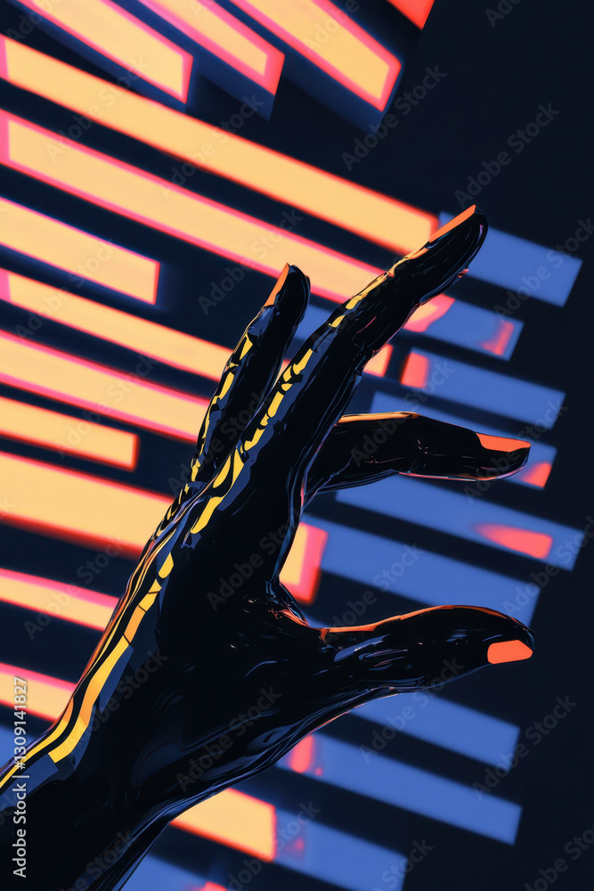 Poster exploring the fusion of technology and artistry: a captivating neon hand gesture in abstract design