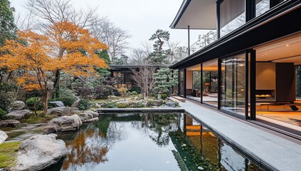 Obraz premium Modern Japanese style house with a zen garden, featuring a tranquil pool reflecting the surrounding trees and architecture.