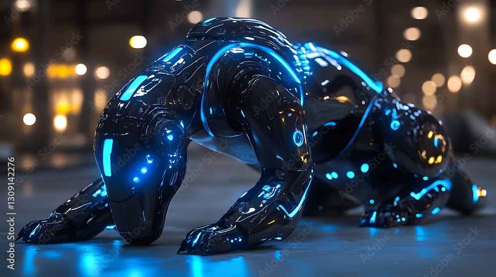Poster glowing robot dog crouching on floor in industrial setting for tech concept