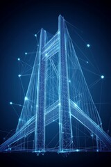 Fototapeta premium Abstract Suspension Bridge, A Futuristic Network of Lines, Dots, and Triangles on Blue