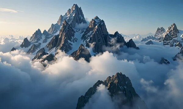 Majestic mountain rising above the soft white clouds under a clear blue sky creating a breathtaking and serene landscape full of wonder and beauty. 
