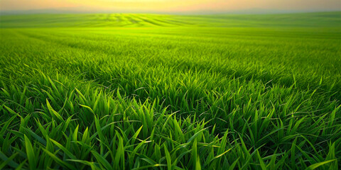 Obraz premium Wide view of a dense green field of young grass going into an endless perspective. The bright fresh green leaves of the grass fill the entire foreground, creating a feeling of purity, nature and fresh