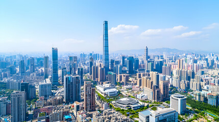 Naklejka premium Aerial View of Dense Urban Cityscape Featuring Skyscrapers and Blue Sky