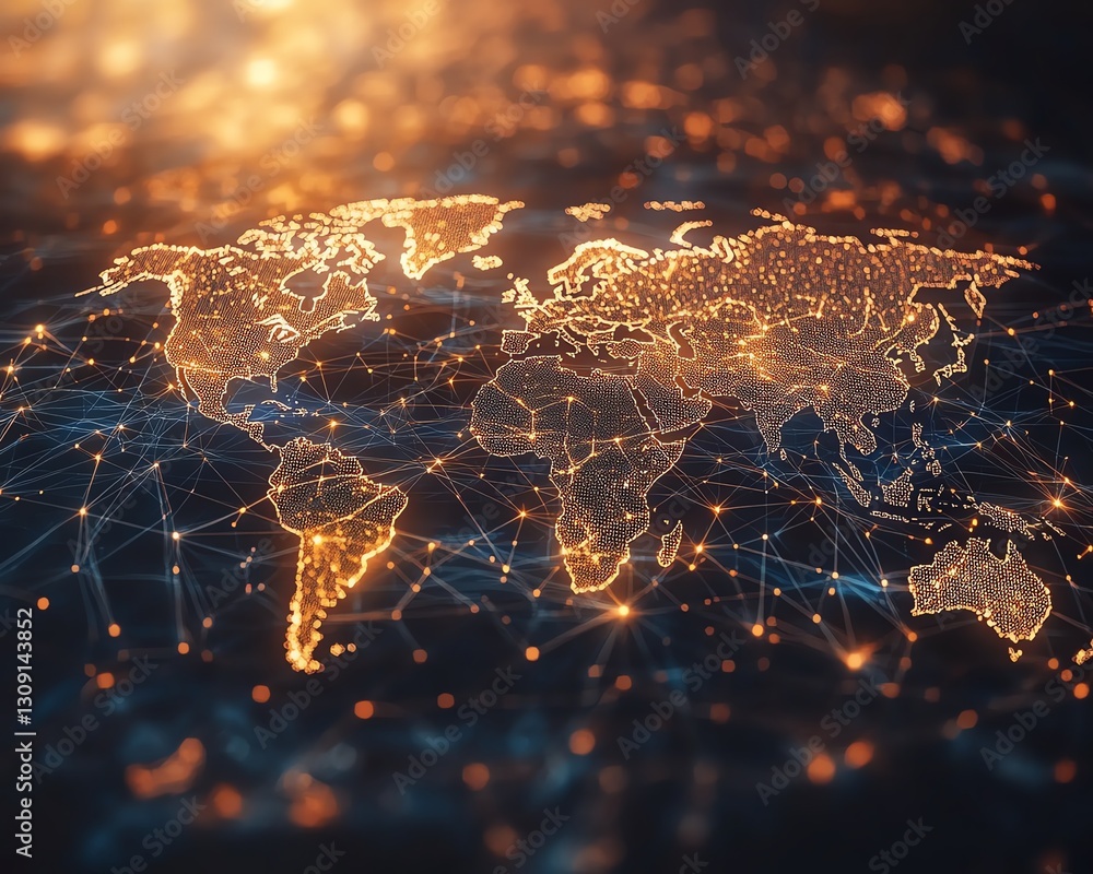 Poster connected world map with floating user icons and glowing digital connections, symbolizing realtime c