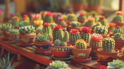 Fototapeta premium Small cactuses and succulents at the flower shop