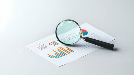 Magnifying Glass Over Document With Colorful Charts And Graphs On White Background