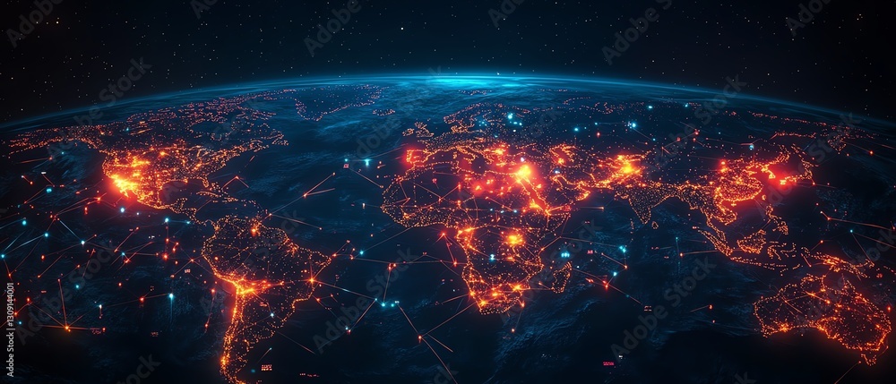 Poster global digital network with vibrant user icons scattered across continents, connected by glowing lin