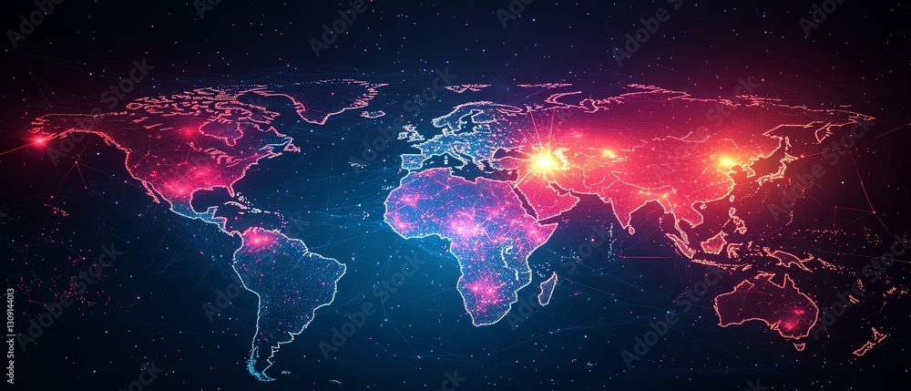 Poster global digital network with vibrant user icons scattered across continents, connected by glowing lin