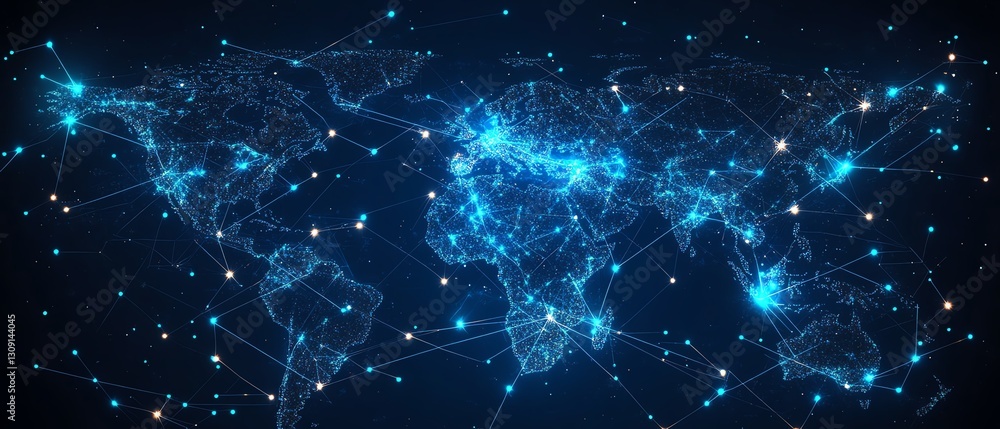 Poster global digital network with vibrant user icons scattered across continents, connected by glowing lin