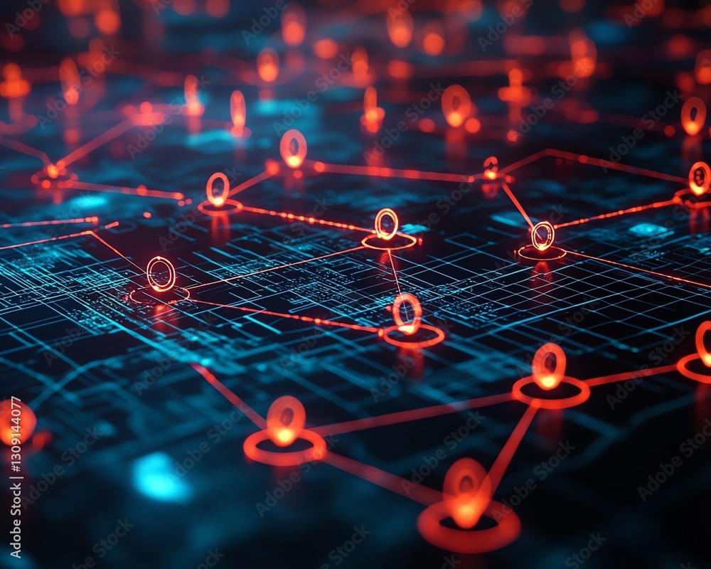 Poster global network connectivity with glowing lines representing digital communication across continents