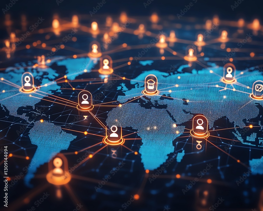 Poster global network connectivity with glowing lines representing digital communication across continents