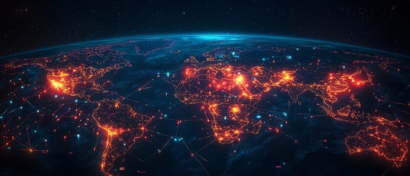 Global digital network with vibrant user icons scattered across continents, connected by glowing lines, visualizing seamless worldwide communication and global interaction