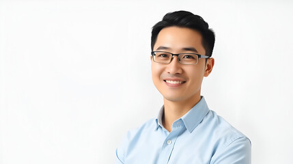 An East Asian male engineer in a light blue shirt, eyes twinkling with a hint of a smile, suggesting amiability and intelligence, against a plain white backdrop, styled as a friendly corporate.