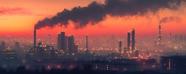 Fototapeta premium Evening view of a busy petrochemical plant, towering smokestacks emitting dark smoke against a twilight sky, industrial lights shining across vast complex