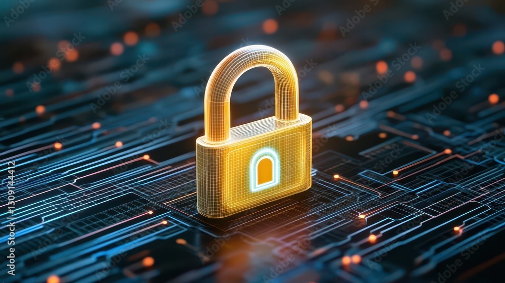 Poster a digital illustration of an abstract padlock icon glowing in the center
