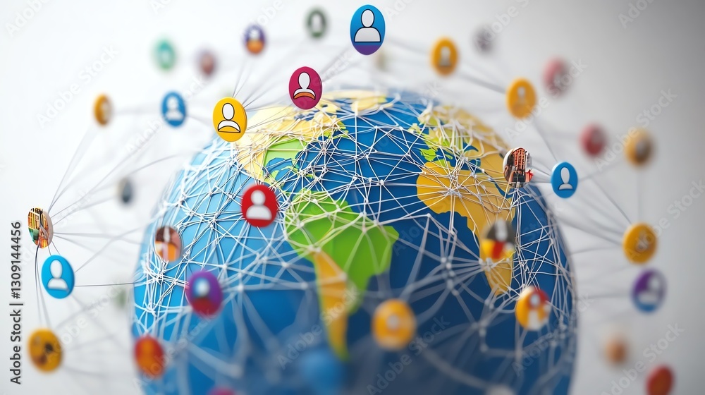 Poster interactive globe with floating user icons, digital nodes, and lines radiating across countries, ill