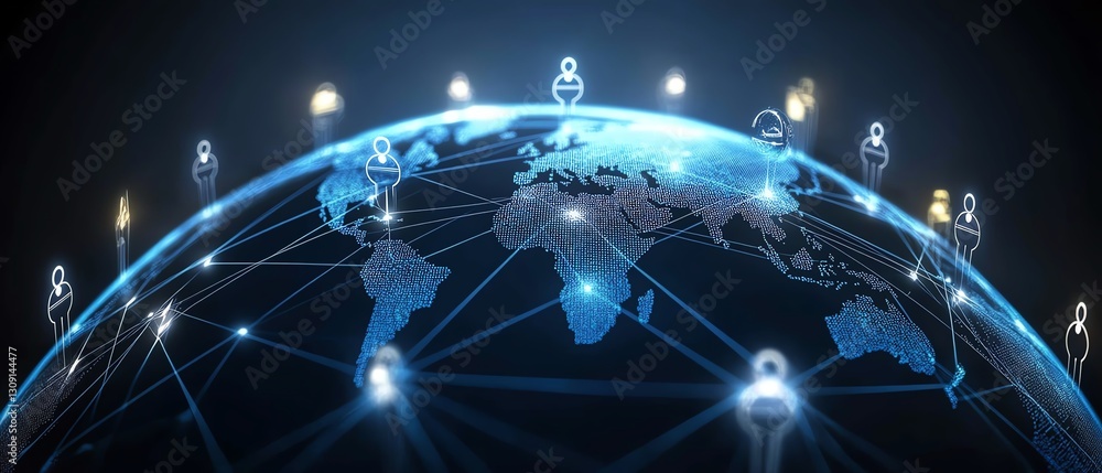 Poster user profile icons surrounding a glowing globe, interconnected with digital lines, showcasing the va