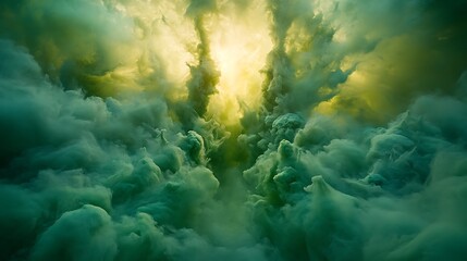Green smoke swirls with a yellow glow in a fantasy scene for media or marketing