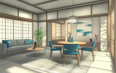 Modern Japanese-style living room with sofa, dining table, and sliding doors. Light and airy interior design, featuring a calm color palette.