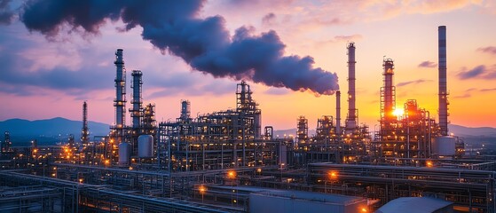 Fototapeta premium Industrial petrochemical plant at dusk, smokestacks releasing dark smoke into twilight sky, busy energy production scene with numerous structures and lights