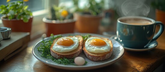 Sunny-side up eggs on toast, coffee, plants