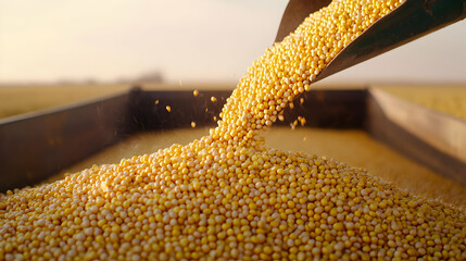 Golden Corn Grains Pouring From Machine into a Pile During Harvest Season with Soft Focus Background