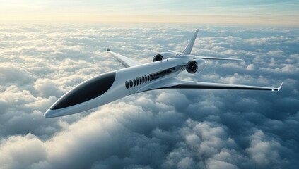 Obraz premium Modern jet aircraft flying high above fluffy clouds at sunrise.