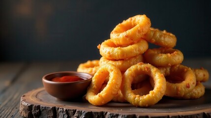 A delectable stack of crispy onion rings, golden-brown and seasoned to perfection, served with a side of tangy red dipping sauce on a rustic wooden board.