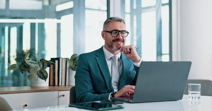 Laptop, thinking and mature with business man in office for review, company report or newsletter. Client records, idea and accountant with employee in agency for planning, admin and project solution