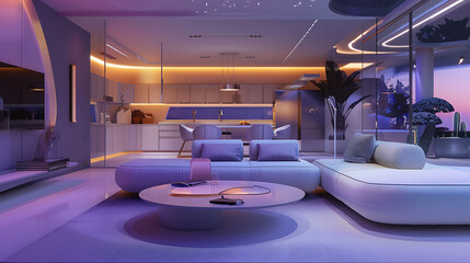 A futuristic AI-controlled smart home with sleek modern furniture