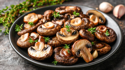 Fototapeta premium Delicious roasted mushrooms with fresh herbs on black plate