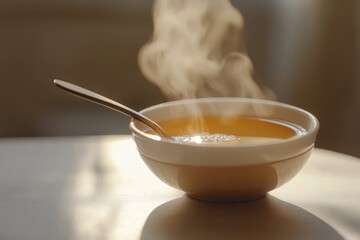 A minimalistic image of a steaming bowl of propolis-infused liquid with a spoon resting inside
