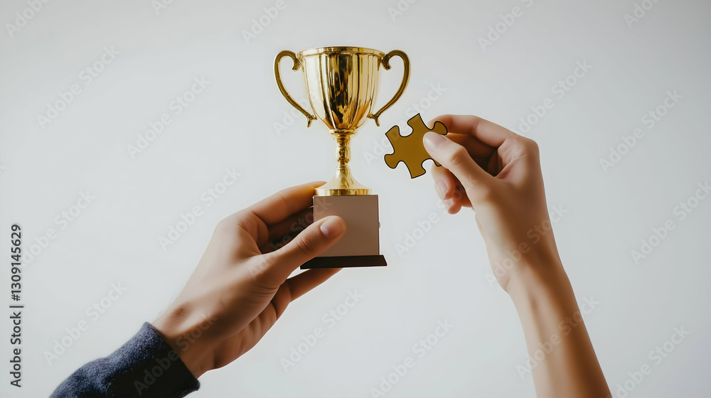 Poster a person holds a trophy while placing a puzzle piece, symbolizing achievement and the completion of 