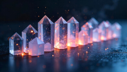 Glistening crystals with warm light reflections on a dark surface creating a mystical atmosphere
