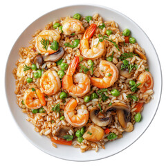 A plate of fried rice with shrimp, mushrooms, and vegetables on a transparent background.