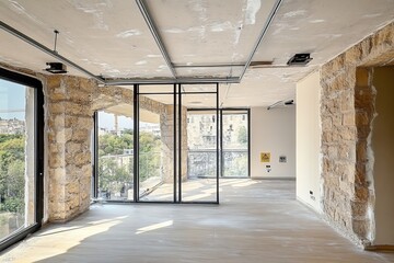 Empty Apartment. Modern Renovation Process With Plasterboard Installation In Progress.