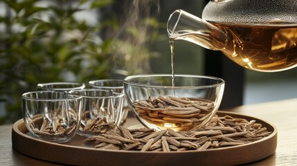 A minimalistic setting featuring willow bark tea being poured into a glass bowl with dried willow bark on a wooden tray