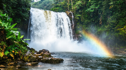 Fototapeta premium Majestic waterfall with vibrant rainbow in lush tropical forest