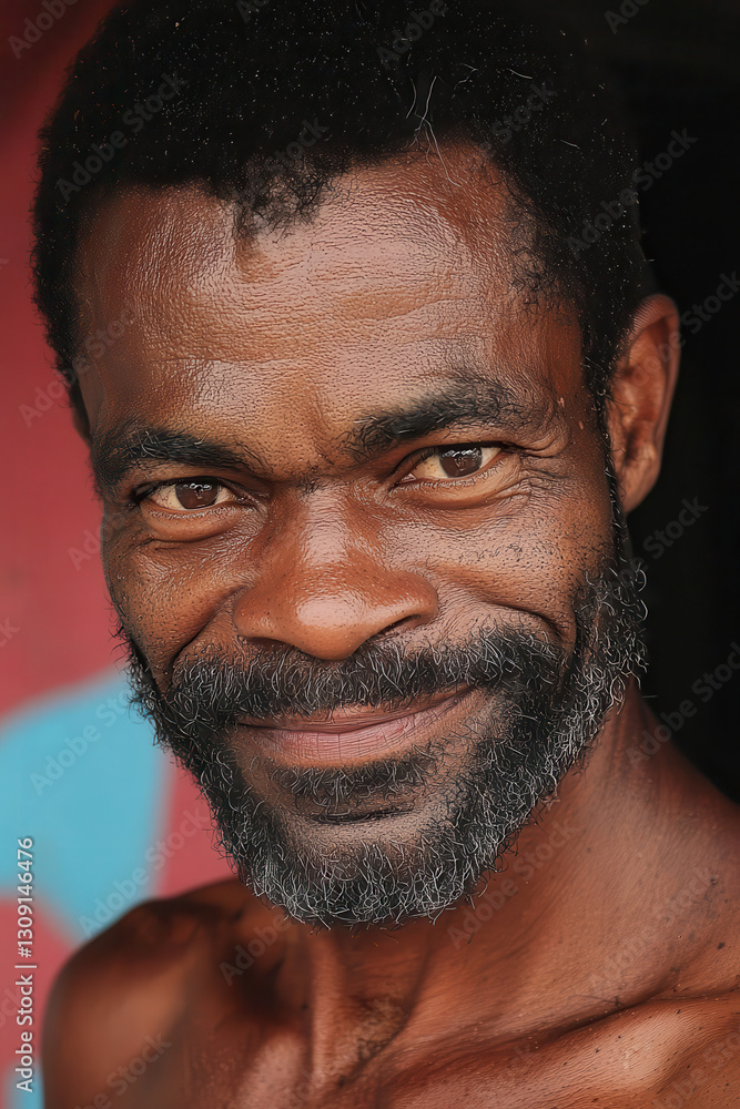 Poster captivating portrait of a smiling man showcasing authenticity and character in a vibrant background 