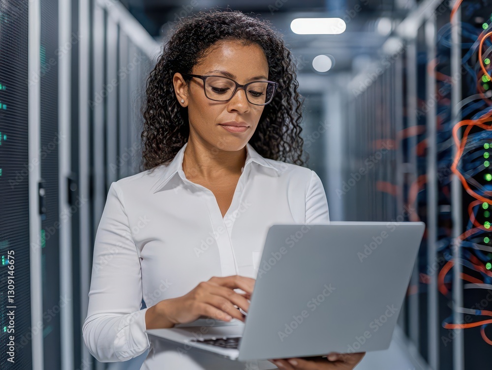 Poster a female african american it engineer works in a data center, analyzing network configurations on he