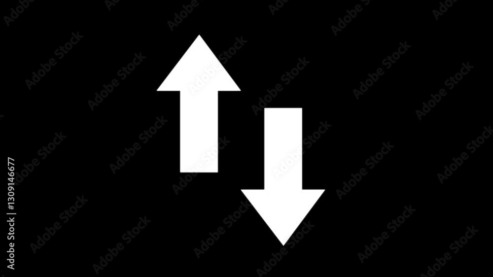 Poster white solid color directional up and down arrow animation on black background. signal icon