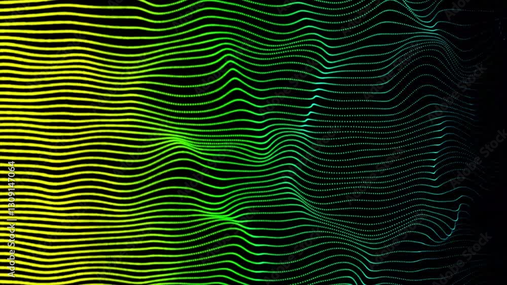 Poster abstract digital cyber wave made of green particles and dots moves with big data visualization. futu