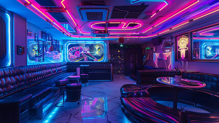 A futuristic cyberpunk gaming room illuminated by neon RGB lighting