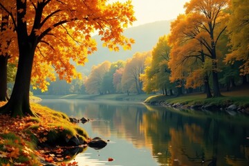 Obraz premium Golden leaves fall on calm Balaton, crisp air , sunlight, leaves