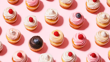 Colorful assortment of cupcakes with berries on pink background