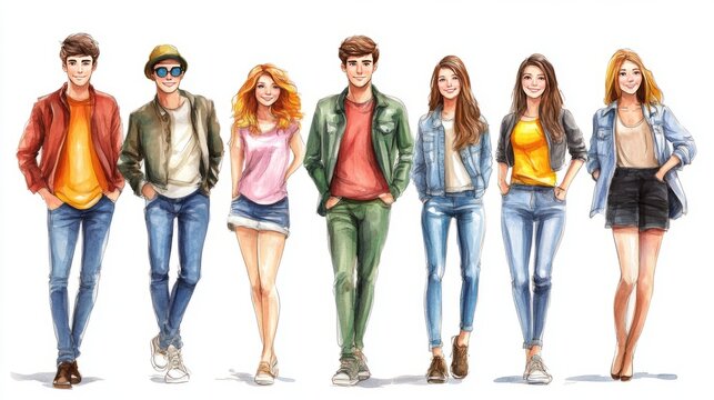 People Group Seven Moment Drawing Attire Casual Flavorful