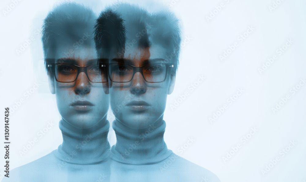 Poster exploring the fluidity of identity: an abstract portrait capturing the essence of duality and consci